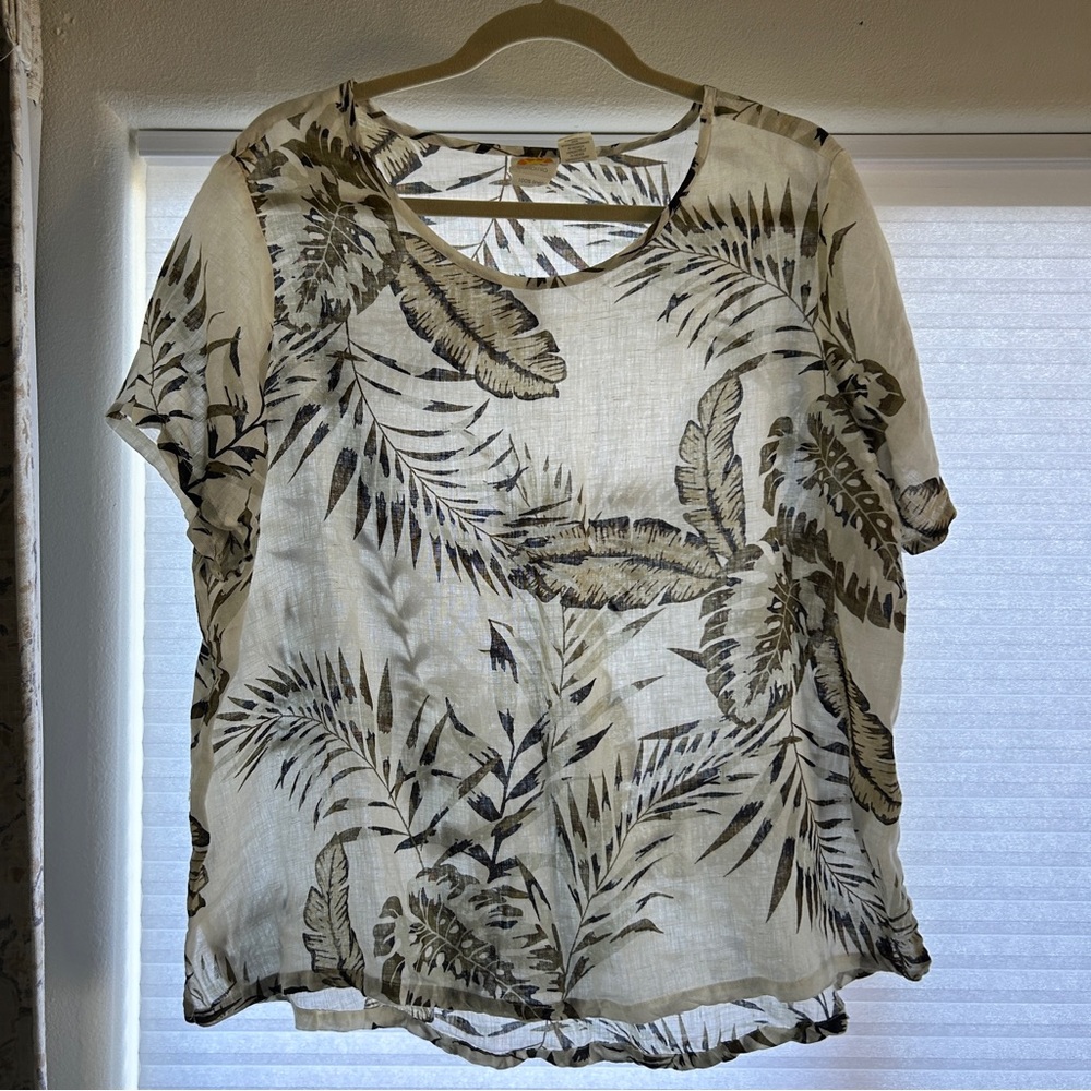 C&C California Cream & Green Tropical Leaf Print Blouse- Size 1X